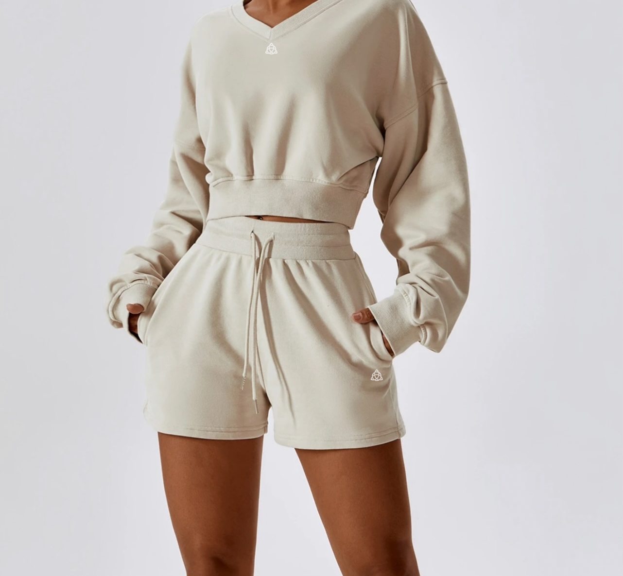 V- Neck Long Sleeve Crop Sweater / Matching Shorts