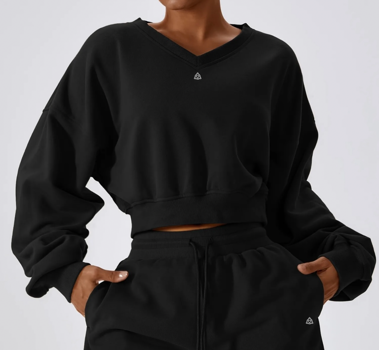 V- Neck Long Sleeve Crop Sweater / Matching Shorts